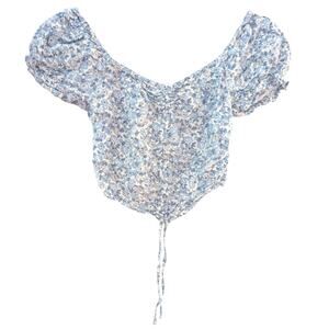 Hollister Floral Puff Sleeve Blouse XXS Blue and White Smocked Tie Top Boho